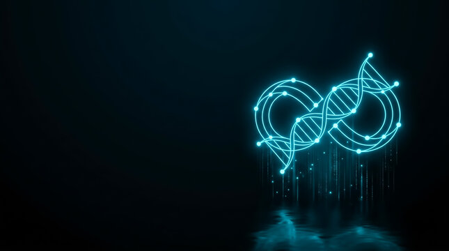 Abstract glowing blue digital network intertwined with DNA helix structure, futuristic lighting, dark background, minimalist design for tech and science themes.