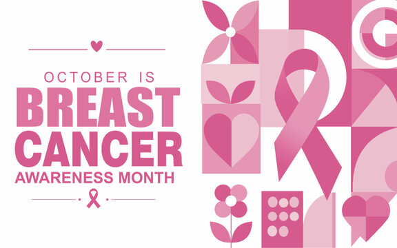 October Breast Cancer Awareness Month Banner with Pink Ribbon and Geometric Floral Healthcare Design