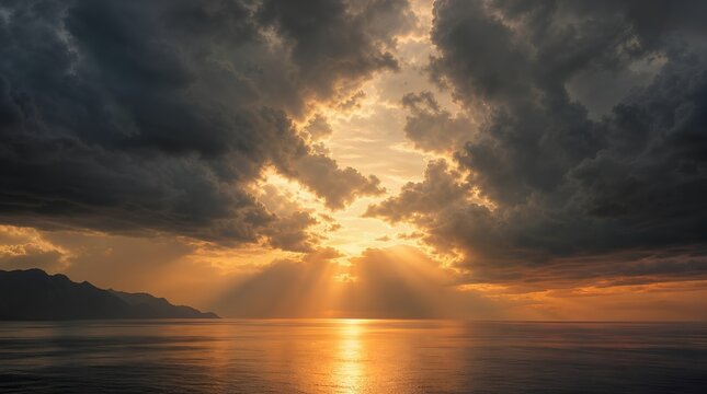 Dramatic sunset breaks through dark storm clouds over a calm sea and distant mountain coast, ideal for travel, weather, or meditation themes.