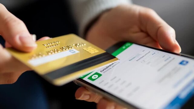 Closeup of hands holding a gold credit card over a smartphone displaying a  