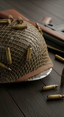 Fototapeta premium A military helmet covered in a net, with bullets scattered around, symbolizing conflict and preparedness for war
