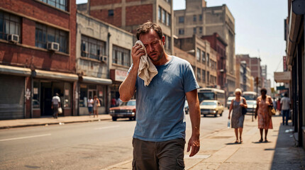 Fototapeta premium Man Wipes Sweat from Forehead on Scorching Urban Street, Struggling with Intense Summer Heat and Exhaustion
