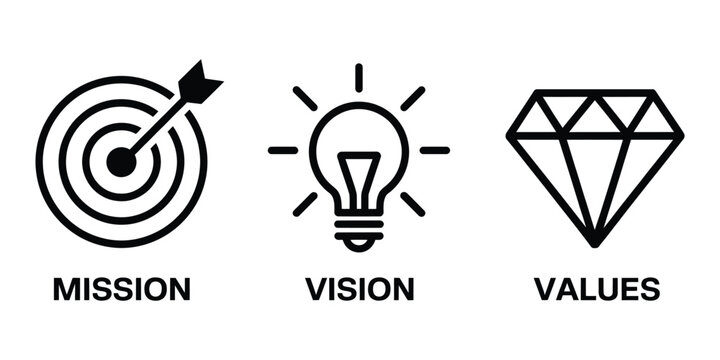 Mission vision values icons featuring business strategy, core principles, leadership goals, corporate planning, and modern vector illustration.