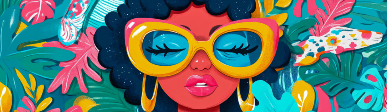 Vibrant Tropical Dreamer: stylish woman with closed eyes and trendy sunglasses surrounded by lush, colorful jungle leaves and exotic flora, embodying summer relaxation and bold fashion in modern illus