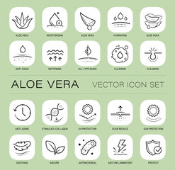 Fototapeta premium Aloe vera skincare icon set for natural cosmetic packaging labels and beauty product infographics. The outline vector icons are well scalable for packaging label. EPS10.