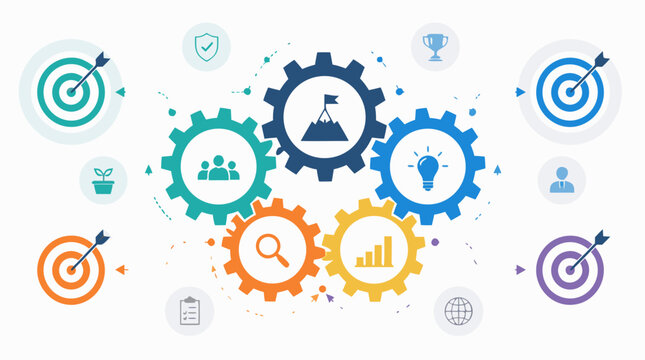 Colorful business strategy infographic with interlocking gears, target arrows, goal icons, dotted workflow paths, teamwork planning symbols, modern vector presentation layout for success growth