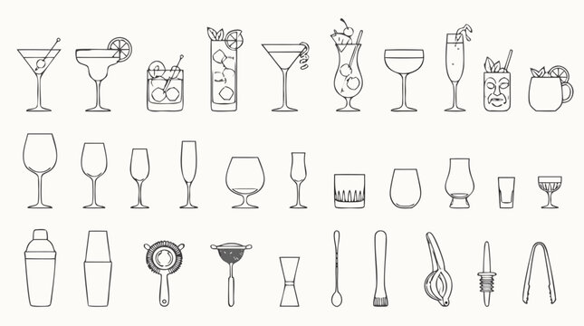 Elegant cocktail and bar mixology line icon collection featuring wine glasses, tropical drinks, shakers, strainers, jiggers and garnish tools in clean editable stroke vector style set