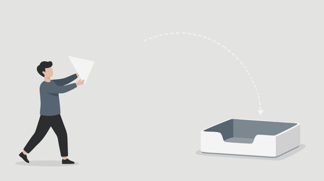 Faceless sender launches an oversized paper plane email in a graceful arc toward an inbox tray, minimalist flat vector of digital communication, outreach, delivery and business workflow