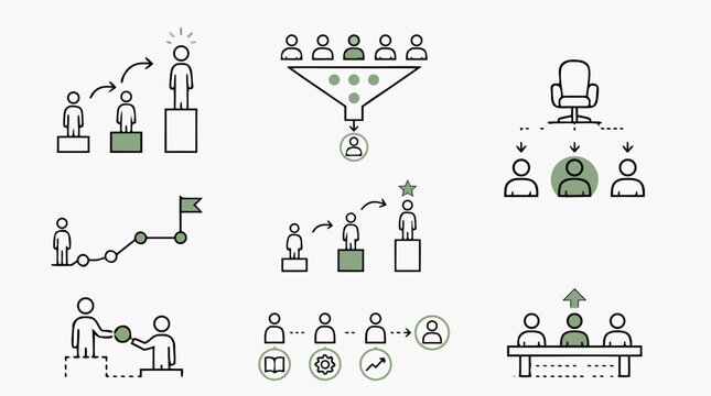 Succession planning line icon collection with talent pipeline, leadership bench strength, career promotion and mentoring concepts, editable vector strokes for HR strategy and workforce development