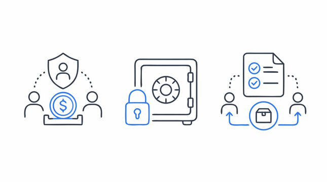 Escrow secure holding thin line icon set with shielded payment, locked safe, contract approval and conditional release symbols, editable stroke flat vector for fintech, marketplace and legal services