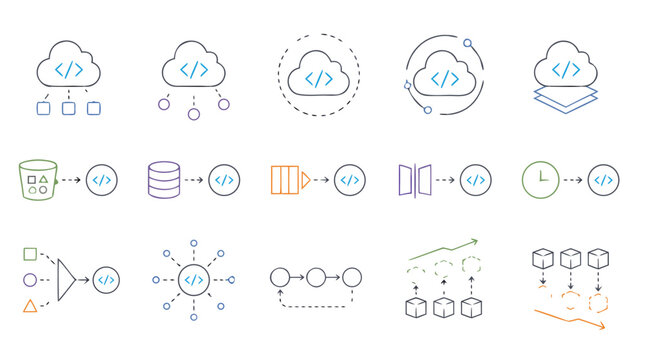Serverless computing thin line icon set with cloud functions, event triggers, API workflows, queue processing, auto scaling, containers and editable vector symbols for modern application architecture