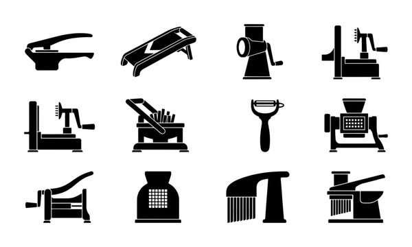 Kitchen Gadgets Vector Icons Set: Food Preparation Tools, Slicers, Graters, Peelers, and Meat Grinders for Culinary Design