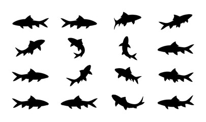 Shark Silhouettes Vector Pack: Diverse Marine Life Poses, Aquatic Animal Icons for Oceanography, Wildlife Design, and Nautical Themes © Rafiq