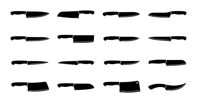 Collection of 16 Kitchen Knife Icons, Chef Knives, Cleavers, and Paring Knives, Vector Set for Culinary and Food Service Graphics