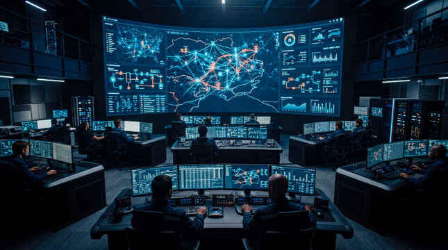 Modern Control Room with IT Experts Monitoring Global Networks, Cybersecurity, and Critical Data on Massive Curved Screen and Advanced Workstations for Real-Time Analysis and Operations Management.
