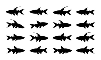 Fototapeta premium Shark Silhouettes Vector Set, Marine Wildlife Icons, Ocean Predator Graphics, Aquatic Animal Collection, Black and White Underwater Shapes