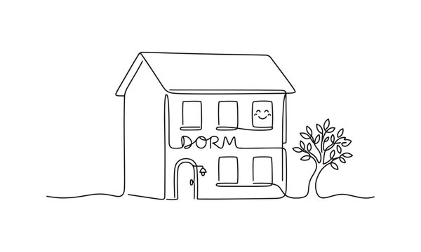 Continuous single line of a two-story dormitory building with a small tree and a happy face in the window, isolated on a white background, minimalist style