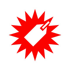 Fototapeta premium Red starburst with white price tag icon.