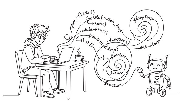 Young student with headphones coding on a laptop with a friendly robot assistant, surrounded by swirling programming code loops, drawn in a continuous single line style on white