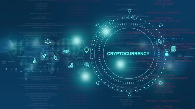 Cryptocurrency digital hud interface with blockchain network data and global financial technology fintech