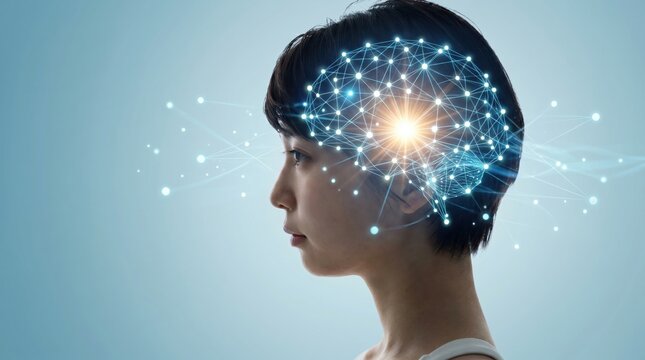Profile of woman head with glowing digital brain network visualization, representing artificial intelligence, neural connections, mind power and future technology concepts.