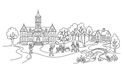 Obraz premium Continuous line of a university campus with students walking on paths, trees, a bridge over a stream, and a clock tower building on a white background, for education concepts