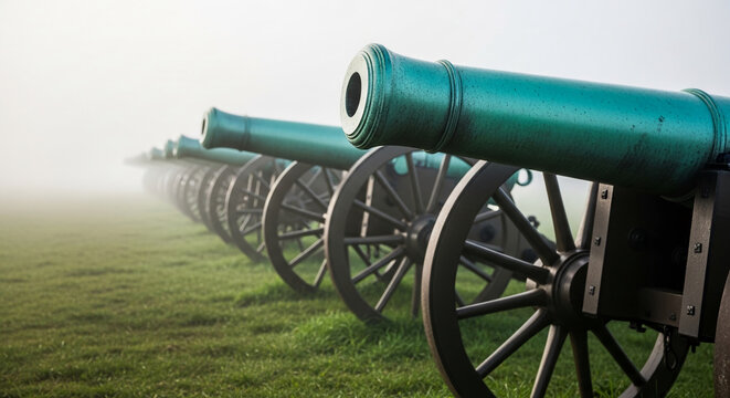 Line of antique cannons on green grass with a foggy background, representing historical military power and conflict, suitable for educational or historical contexts