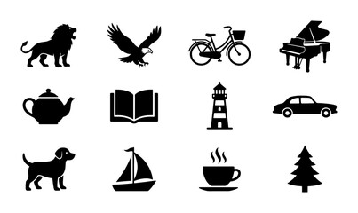 Set of 12 Black Silhouette Icons: Lion, Eagle, Bicycle, Piano, Teapot, Book, Lighthouse, Car, Dog, Sailboat, Coffee Cup, Christmas Tree - Vector Graphics for Design © Saif
