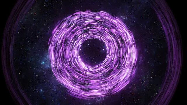 Circular glowing vortex transitions from blue to purple, surrounded by a starry cosmic background, creating a mesmerizing visual effect of energy and motion