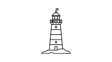 A clean black and white line art vector icon of a coastal lighthouse with beacon, ideal for navigation, harbor themes, or seaside travel and tourism projects. © Mofakharul Shanto