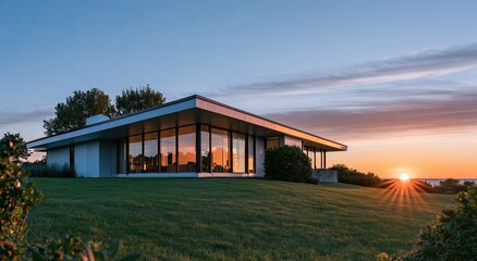 Fototapeta premium Modern single-story residence with expansive glass walls at sunrise