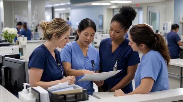 A diverse team of nurses in blue scrubs reviews patient paperwork at a hospital nurses station, ideal for healthcare teamwork, training, and clinical workflow materials.