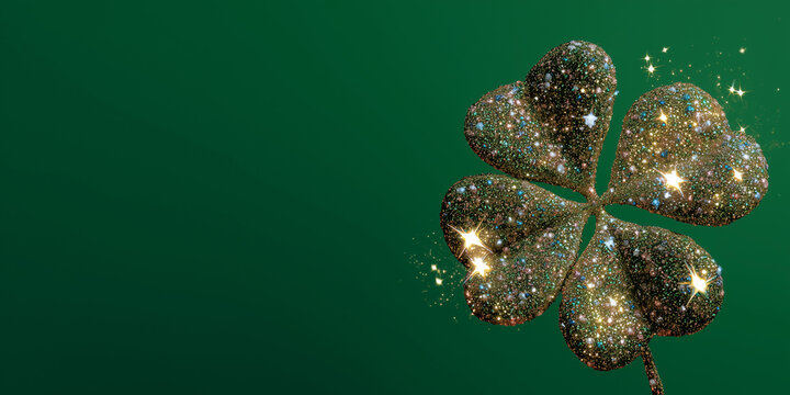 A sparkling four-leaf clover with a golden shimmer against a deep green background. This symbol of luck is adorned with tiny, glittering particles and subtle light flares