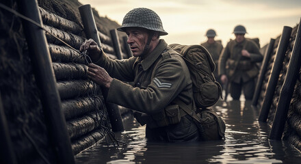 Fototapeta premium Soldier in uniform and helmet working on a trench wall, symbolizing struggle, conflict, and resilience in a wartime setting.