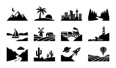 Fototapeta premium Diverse Landscape Icons Collection, 12 Vector Elements for Travel, Nature, and City Scenes, Black and White Outdoor Scenes