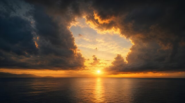 Dramatic sunset over a calm ocean with dark storm clouds framing golden light on the horizon, suited for travel, nature, or inspirational campaigns.