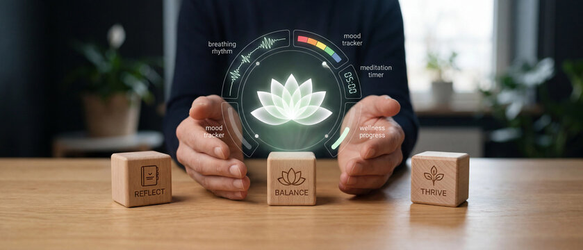 Person holding hands around a digital wellness interface with a lotus flower icon and wooden blocks labeled reflect, balance, thrive