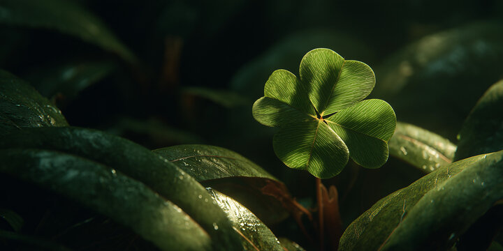 A solitary four-leaf clover bathed in ethereal light, symbolizing luck and new beginnings amidst lush greenery