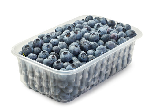 Ripe blueberries in a plastic container on a white background. Isolated