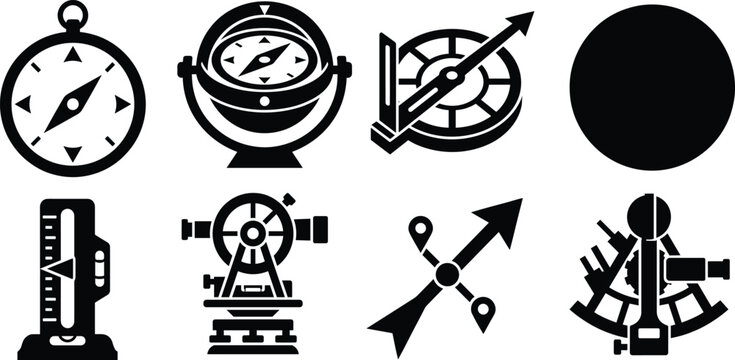 Set of Navigation and Surveying Instrument Silhouette Icons for Exploration and Cartography