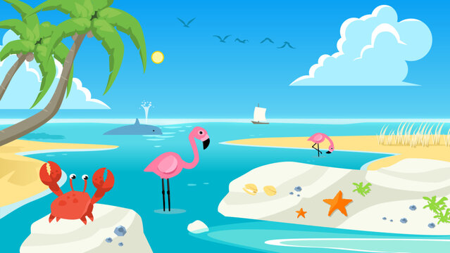 Seascape ina sunny day at the beach with cartoon animals for kids