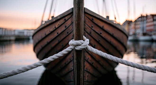 Wooden vessel prow with rope mooring in soft evening light