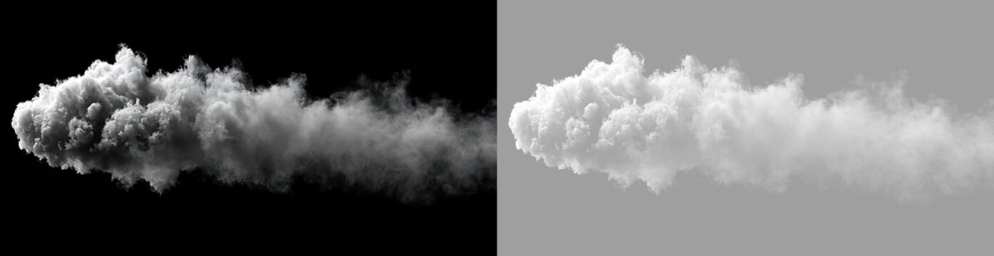 Isolated white cloud formation on black and transparent background. Realistic cumulus cloud element for digital compositing