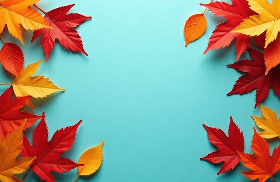 Paper autumn leaves in red orange yellow colors lie on light blue background. Craft maple foliage border forms frame for copy space. Flat lay composition displays seasonal plants for school education