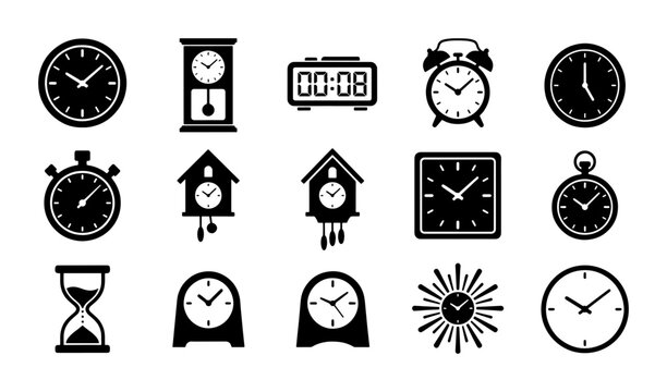 Diverse Clock Icons Set: Timekeeping Symbols, Vintage & Modern Timepieces, Stopwatch, Hourglass, Digital Alarm, Cuckoo Clocks, Pocket Watch, Wall Clocks