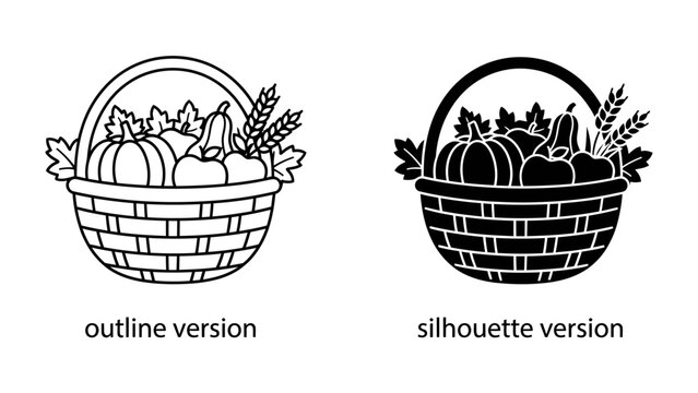 Harvest Basket Icons: A charming wicker basket filled with autumnal produce like pumpkins and gourds, accompanied by fallen leaves and wheat stalks.
