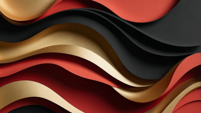 Abstract layered paper waves in black red and gold &ndash; luxury modern background texture