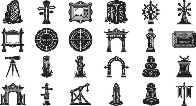 Ancient Fantasy Ruins Landscape Landmarks and RPG Map Exploration Quest Icon Set