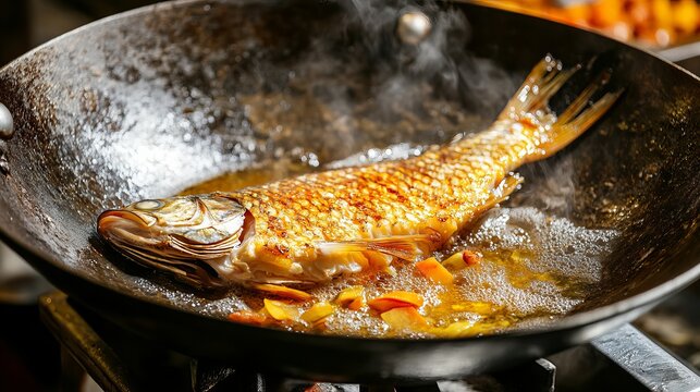 A whole fish sizzles in a wok with vibrant vegetables, showcasing authentic asian cuisine and culinary expertise