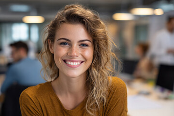Obraz premium Cheerful female employee portrait with smiling face in office